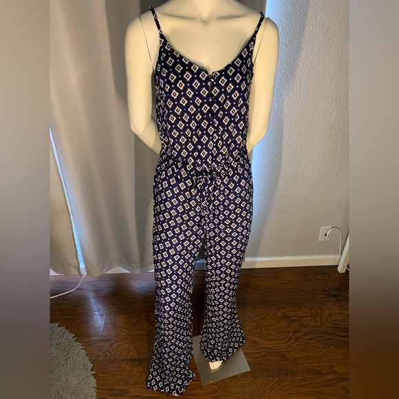 Navy pattern long pant jumpsuit with open back - Picture 1 of 2